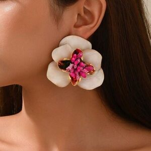 White and Pink Floral Statement Earrings - Women Jewelry